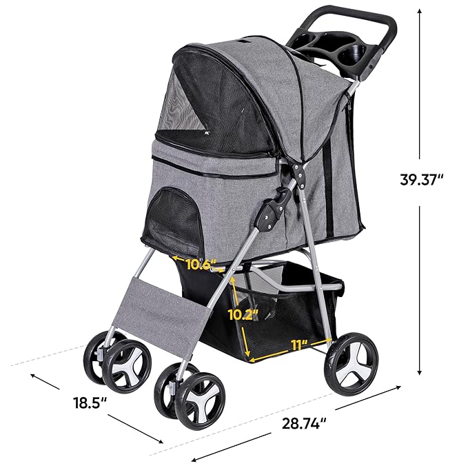 4 Wheels Foldable Pet Dog Cat Jogger Stroller Travel Carrier Strolling Cart w/Waterproof Cover Storage Basket Cup Holder & Removable Liner for Medium Small Cat Dog, Grey