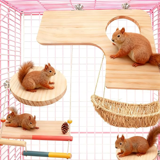 5 Pcs Wooden Hamster Cage Platform Hamster Rectangle L-Shaped Round Accessories Bird Cage with Wood Perches Stand Board for Mouse Squirrel Gerbil Guinea Pig Birds Parrots Activity Playground