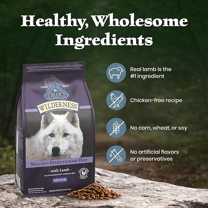 Blue Buffalo Wilderness 31 g Protein, Meat Rich Natural Dry Senior Dog Food, Lamb, Chicken-Free Formula, 13lb Bag