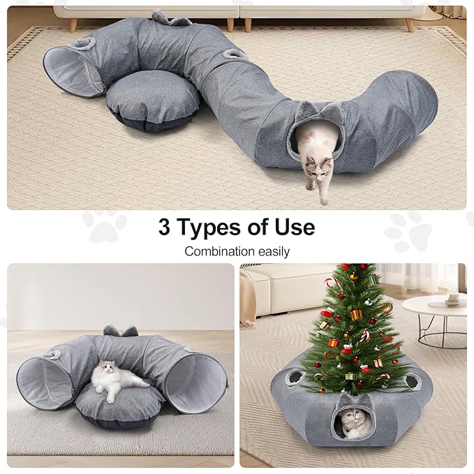 Linen Cat Tunnels with Central Cat Bed, Interactive Cat Toys Detachable Washable Soft Mat Large Indoor Play Tunnel Cave for Kittens and Small Animals