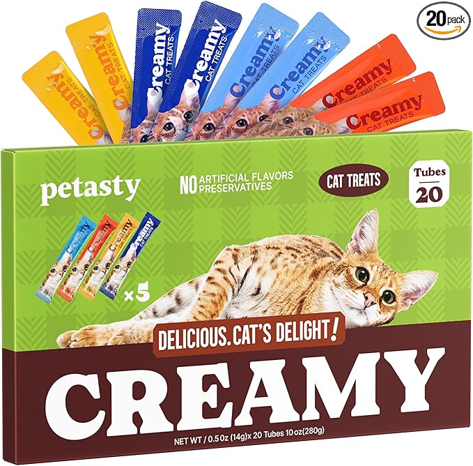 Lickable Cat Treats, High Moisture Hydrating Creamy Puree Squeeze Tubes, Variety Pack, 20 Tubes 0.5oz, Grain-Free, Omega Oils & Vitamin E, Skin & Coat Health, Digestive and Immune Support