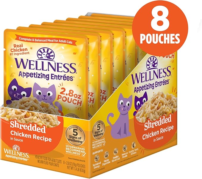 Wellness Appetizing Entrées Shredded Adult Wet Cat Food, Natural, Protein Rich, Grain Free, Chicken Recipe, 2.8 oz, Pack of 8 Pouches