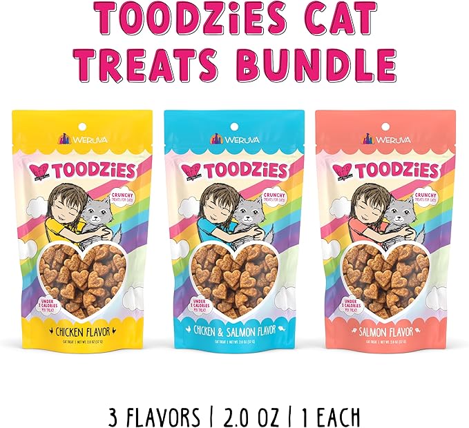 Bundle of Weruva BFF Toodzies Crunchy Cat Treats: Chicken, Chicken & Salmon, and Salmon Crunchy Cat Treats, 2oz Bags