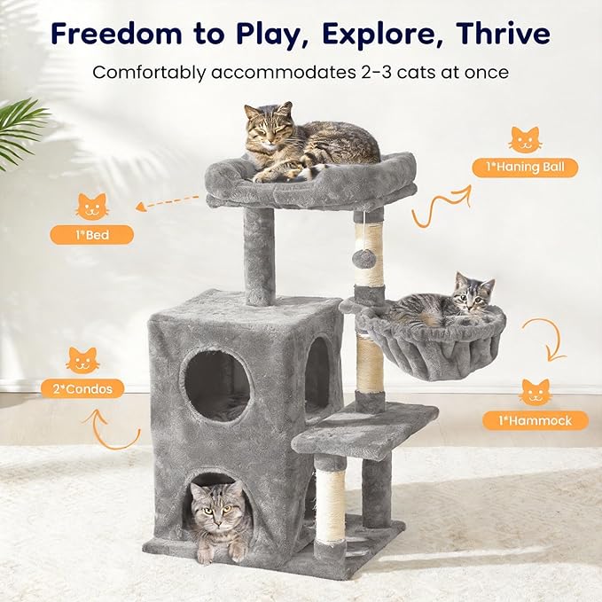 Fansafurn Cat Tree Tower for Indoor Cats, 36-inch Adult Cat Tree House for Large Adult Cats with Steps, Scratching Post, 2 Cat Condo, Dangling Toys, Light Grey