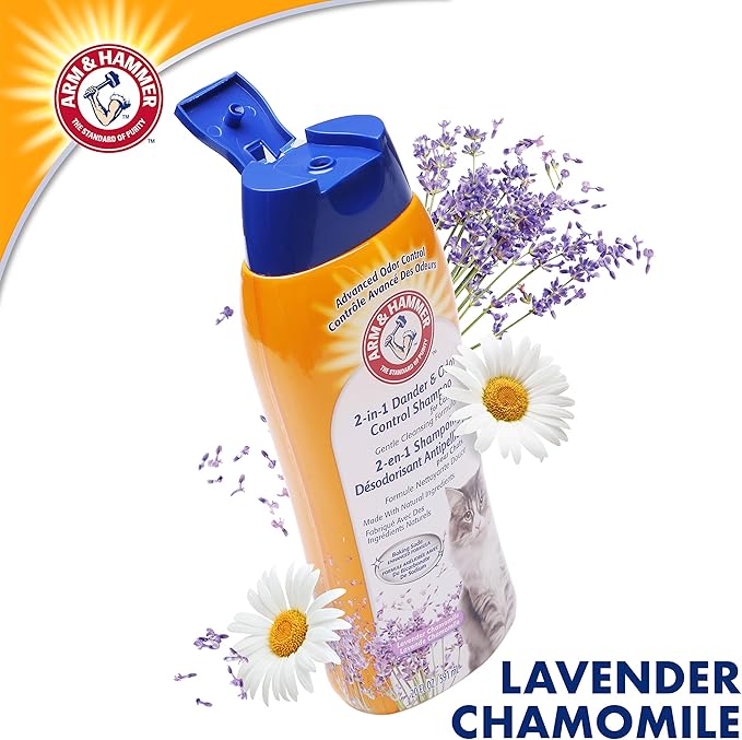 Arm & Hammer 2-in-1 Deodorizing & Dander Reducing Shampoo for Cats, Baking Soda Cat Shampoo for Dander, Odor Control and Coat Cleaning, Lavender Chamomile Scent, 20 Fl Oz