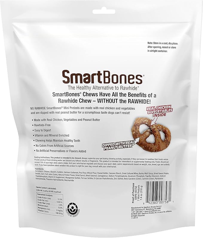 SmartBones Mini Pretzels Dipped With Real Peanut Butter, 7 Count, Rawhide-Free Chews For Dogs, (Pack of 24), Count: 168