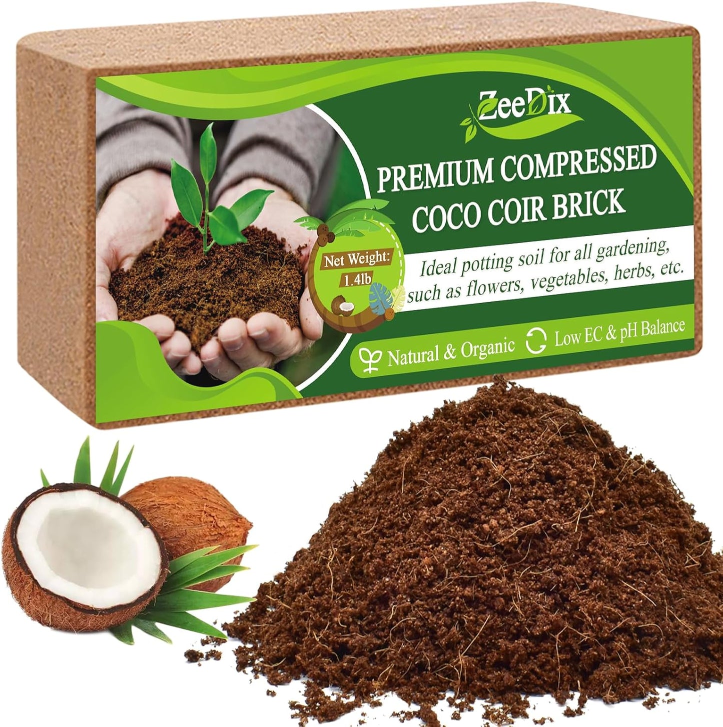 ZeeDix Compressed Coco Coir Brick for Plants, Premium Coconut Coir Bricks Potting Soil Mix, Natural Coconut Husk Coco Peat Brick with Low EC and pH Balance for Gardening Plants Flower Herbs
