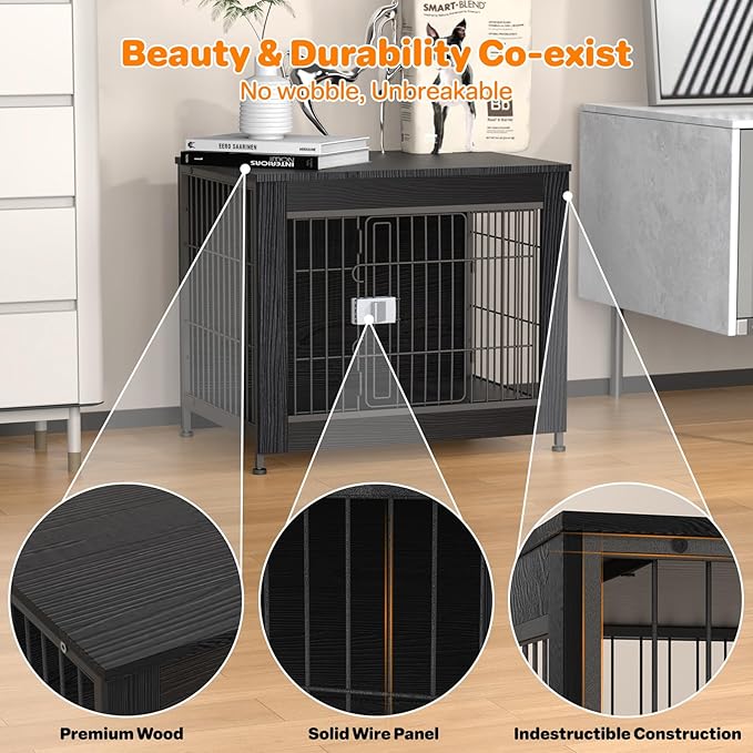 Escape Proof Decorative Dog Crate Furniture with Wooden Top, 27in Furniture Style End Table and Secure Indoor Kennel, Anti Anxiety for All Breeds, Black