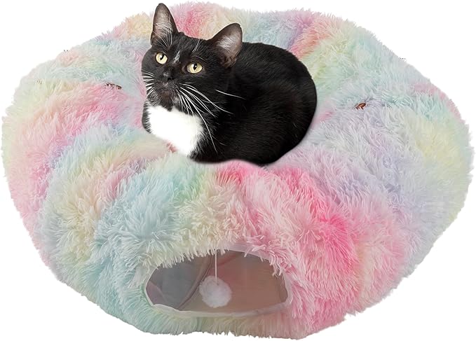 Cat Tunnel with Bed for Indoor Cats - 3FT Multifunctional Cat Tunnel Bed with Toys - Soft, Plush Peekaboo Cat Cave for Kittens, Cats, Ferrets, and Rabbits - Cat Products by PETMAKER (Multi)