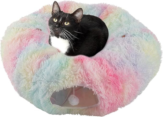 Cat Tunnel with Bed for Indoor Cats - 3FT Multifunctional Cat Tunnel Bed with Toys - Soft, Plush Peekaboo Cat Cave for Kittens, Cats, Ferrets, and Rabbits - Cat Products by PETMAKER (Multi)