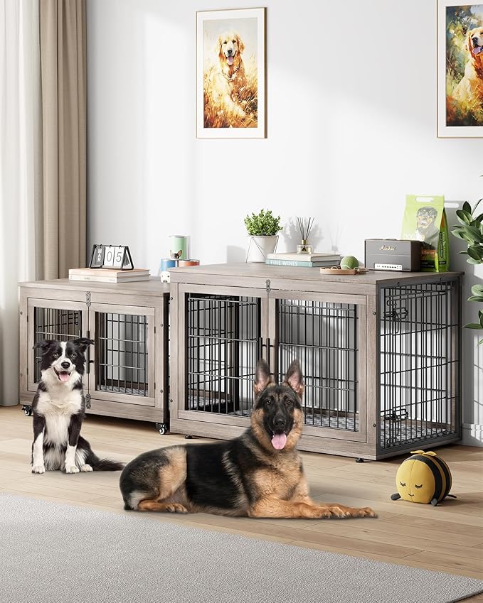 YaFiti Dog Crate Furniture with Cushion Set of 2, Wooden Dog Kennel Indoor with Double Doors, Dog Cage with Wheels, Dog House Side End Table for Large Dogs up to 85 lb, 44" L, Grey