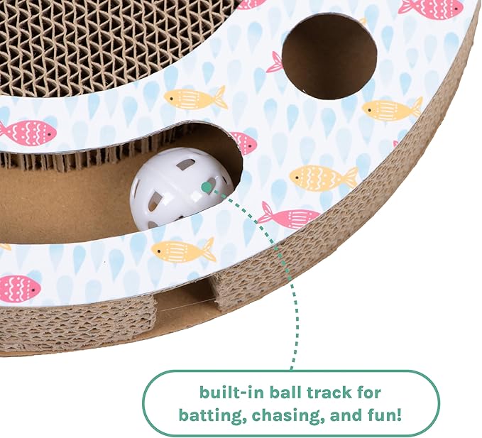 Kitty City Fish Corrugate Cat Scratcher with Ball Track Toy - Scratch Pad Lounger, Horizontal Corrugate Nail File Bed for Indoor Kittens, Kitty Enrichment & Play, 13” x 13”