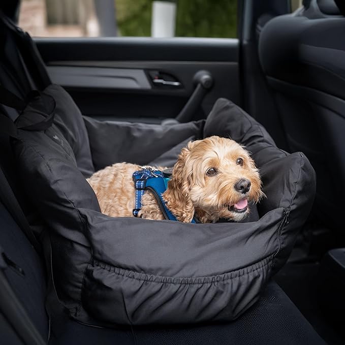 JACKO & CO Premium Dog Car Seat – Safe & Cozy Travel Bed Carrier for Small Dogs, Puppies, Pets, Clip-On Leash, Storage Pockets, Water-Resistant, Machine Wash (Black, Standard Medium (25-40 lbs))