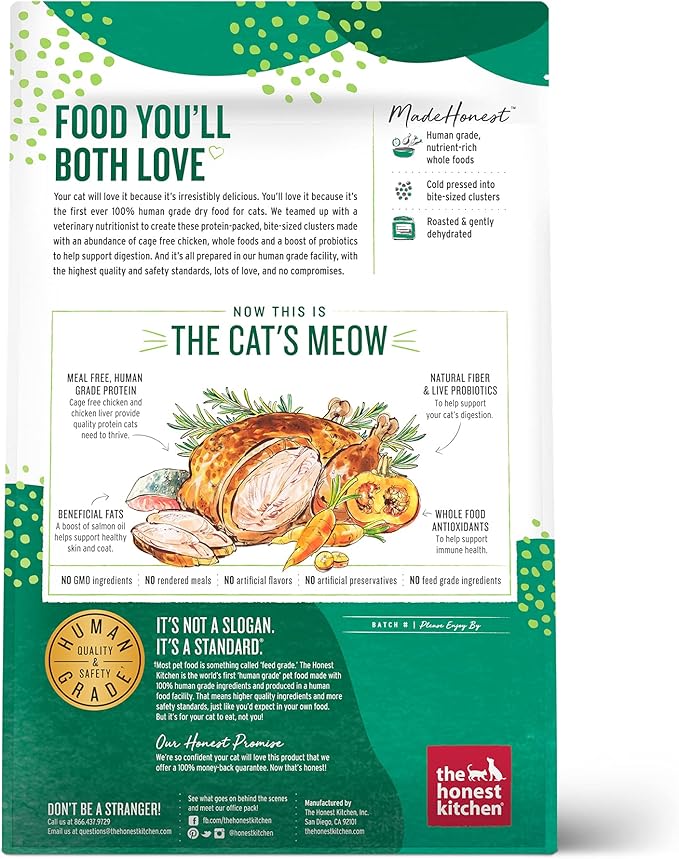 The Honest Kitchen Human Grade Dry Cat Food, Whole Food Clusters Grain Free Chicken Dry Cat Food, 4 lb Bag