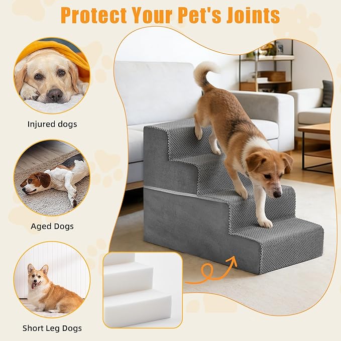 NEWBULIG 4-Step Dog Stairs, 18" H Dog Steps for Sofa and Chair, Non-Slip Sturdy Pet Steps for Small Dogs and Cats, Pet Ramp for High Bed Indoor, Gray