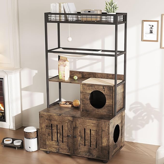 60-Inch Cat Litter Box Enclosure, Cat House with Storage Shelf, Sisal Hammock, Cat Condo, Play Ball and Reversible Door, Brown