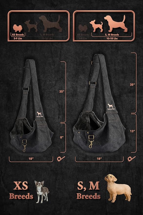 Noah & Paw Dog Sling Carrier for Small Dogs 5-18lb, Dog Sling for Small Dogs and Cats, Dog Carrier with Adjustable Padded Strap, Premium Denim, Lined with Fur, Double Safety Feature, Machine Washable