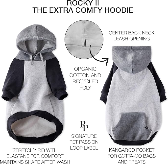 Pet Passion Rocky II - The Extra Comfy Hoodie, Organic Cotton and Recycled Poly Dog Hoodie Pet Coat Sweater for Small, Medium, Large Dogs, Heather Gray Color Block, XXX-Small (up to 5lbs)