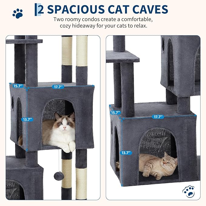 61.4 Inch Cat Tree, Large Cat Tower with Sisal Scratching Posts, 2 Spacious Cat Beds, Hanging Ball & Top Perch, Ideal for Large Indoor Adult Cats, Dark Gray