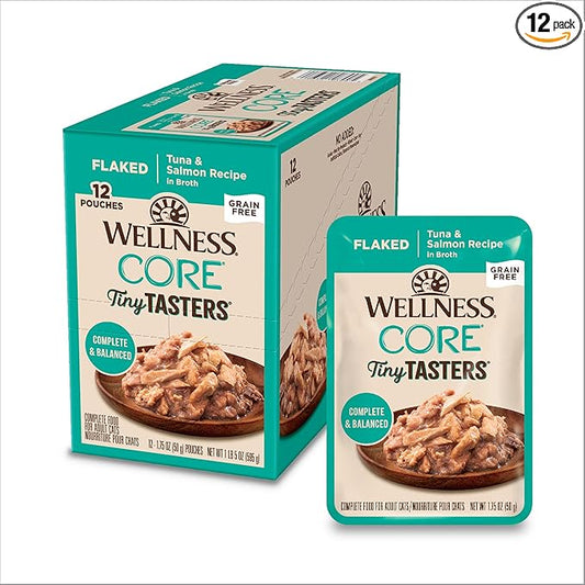 Wellness CORE Tiny Tasters Flaked Adult Wet Cat Food, Natural, Protein Rich, Grain Free, Tuna and Salmon Recipe, 1.75 oz, Pack of 12 Pouches