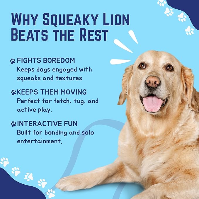 Happy Tails 13" Woolie Lion Dog Toy for Medium to Large Dogs - Durable Polyester with Squeaky Sound and Reinforced Stitching for Engaging Play and Chewing