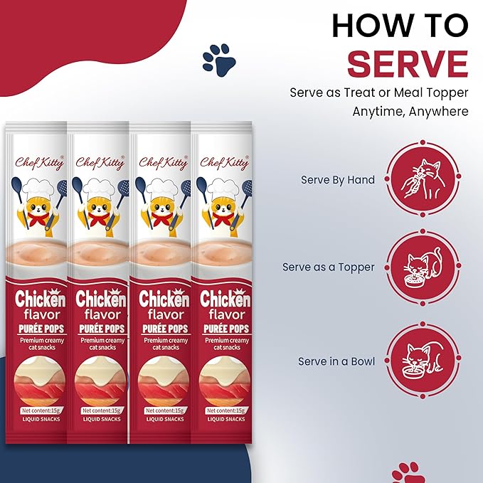 Purée Pops + Blue Feeding Spoon, Grain-Free, Lickable, Squeezable Creamy Cat Treat/Topper, 10 Tubes, Chicken Flavor