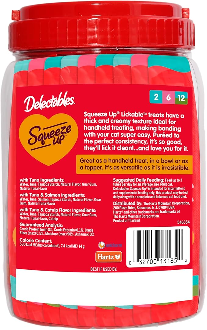 Delectables Squeeze Up Tuna with Salmon & Catnip Variety Pack, Creamy Squeezable Puree, Lickable Wet Cat Treats, Grain-Free, No Added Fillers, 0.5 Ounces Tube, 48 Tubes Total