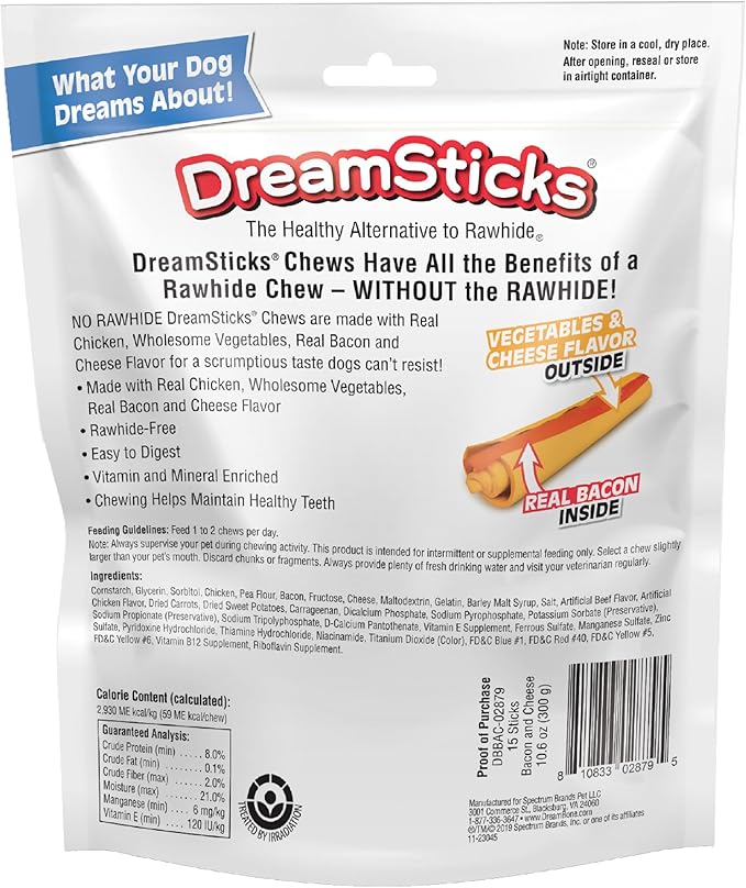 DreamBone DreamSticks with Real Bacon and Cheese Flavor, Rawhide Free Dog Chew Sticks, (Pack of 30)