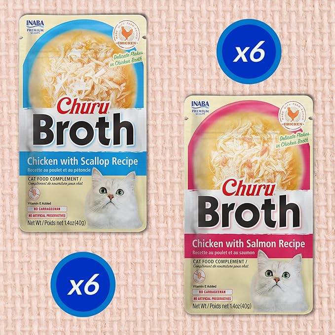 INABA Churu Broth for Cats, Side Dish Pouch, 1.4 Ounces per Pouch, 24 Pouches, Chicken Variety