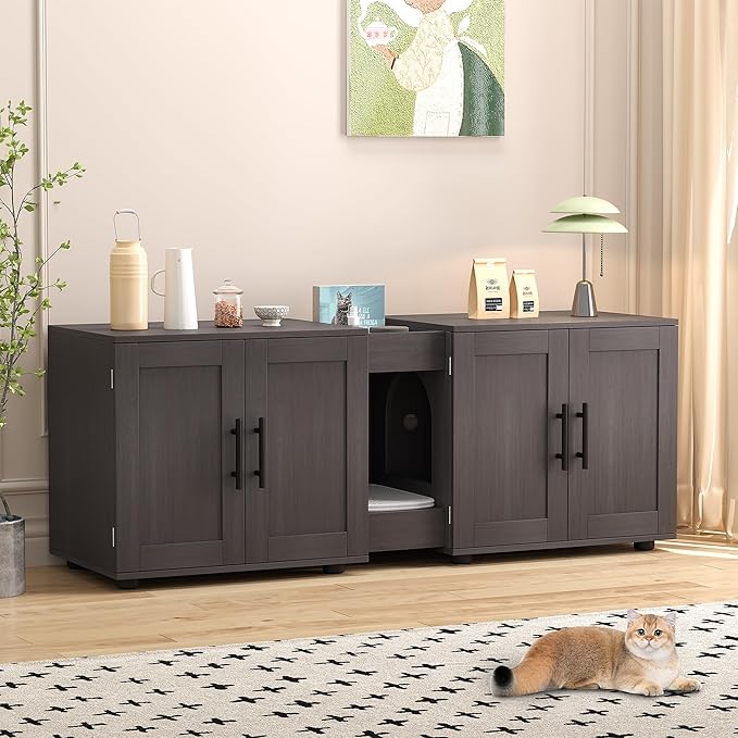 Cat Litter Box Enclosure for 2 Cats,55" Large Hidden Litter Box Furniture with Barn Door & Double Rooms,Modern Indoor Pet House TV Stand Side Table,Cats Washroom,for Bedroom Living Room,Walnut