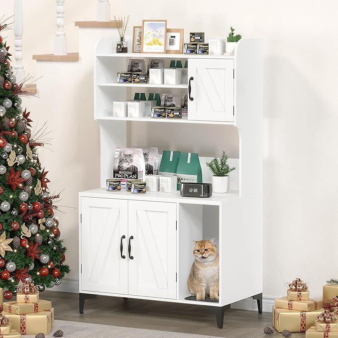 GarveeLife Cat Litter Box Enclosure with Shelves, Litter Box Cabinet, Hidden Cat Box Furniture with Scratching Mat, Wood Sturdy Cat Washroom Storage, Indoor Cat House, White