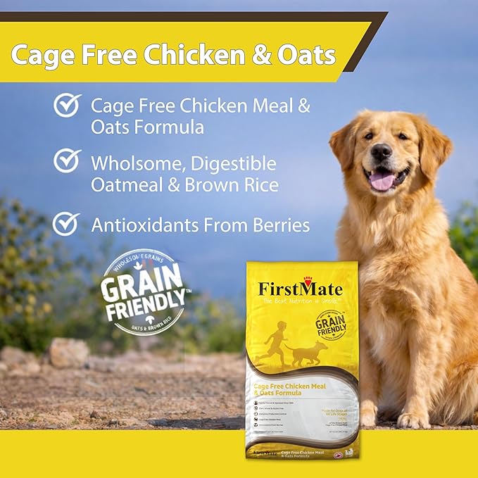 FirstMate Grain Friendly Dog Food Cage-Free Chicken Meal & Oats Formula – Humanely Raised Single Protein, Pea Free & Potato Free Dry Dog Food with Wholesome Grains – 25 lb Bag