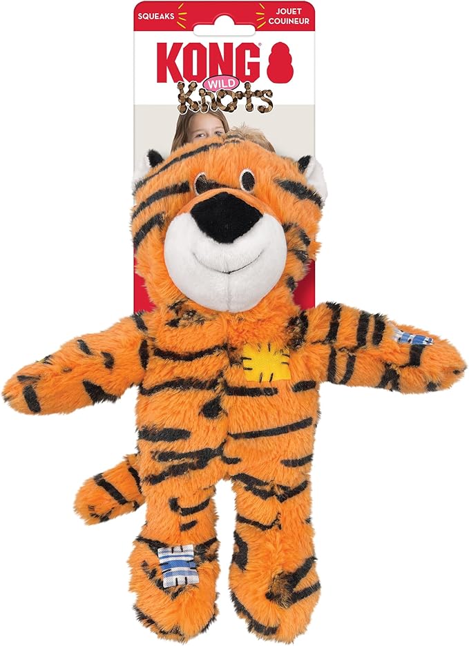 KONG Wild Knots Dog Toys – 2 Pack – Durable Plush Dog Toy with Internal Knotted Rope & Squeaker (Tiger/Giraffe, Medium/Large)