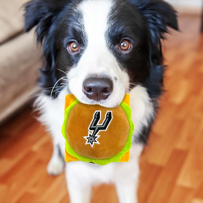 Pets First NBA San Antonio Spurs Cheese Burger Plush Dog & CAT Squeak Toy - Cutest Stadium HAMBERGER Snack Plush Toy for Dogs & Cats with Inner Squeaker & Beautiful Basketball Team Name/Logo