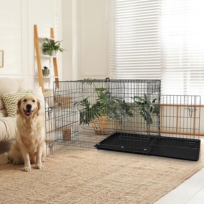 Dog Crate, 24/30/36/42/48 Inch Dog Crates for Small Medium Large Dogs Indoor, Folding Metal Dog Kennel Dog Cage with Double-Door, Divider Panel, Removable Tray, Locks and Handle, (48 Inch, Black)