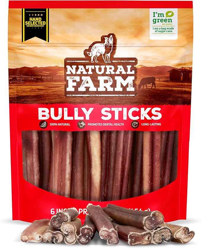 Natural Farm Odor-Free Select Bully Sticks, (6-Inch, 1-Pound), Hand Selected for Consistent Thickness, 100% Beef Pizzle Dog Chews, Fully Digestible, High Protein, Best Dental Treats