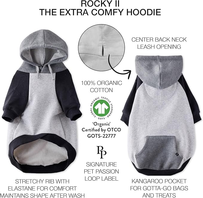 Pet Passion Rocky II - The Extra Comfy Hoodie, Organic Cotton and Recycled Poly Dog Hoodie Pet Coat Sweater for Small, Medium, Large Dogs, Heather Gray Color Block, Medium