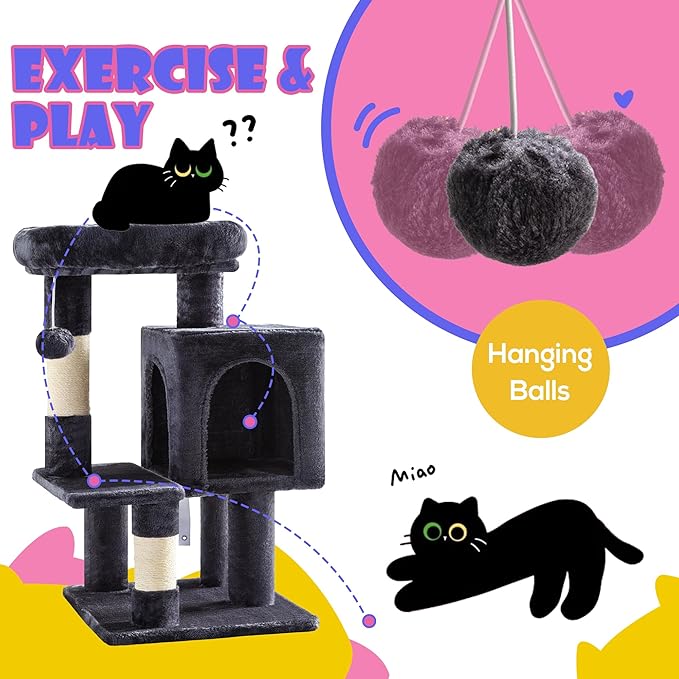 SHA CERLIN 29in Cat Tree for Indoor Cats, Multi-Level Cat Tower with Large Perch, Cozy Condo, Playful Toy Balls, Sisal Scratching Posts, Stable Pet Furniture Activity Center, Space-Saving, Dark Grey