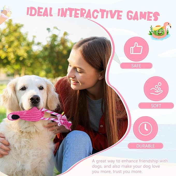 Sotiff 2 Pack Pink Flamingo Dog Plush Cute Squeaky Puppy Teething Plush Animal Interactive Stuffed Rope Pet Fake Birds for Small Medium Large Dogs Birthday Gifts