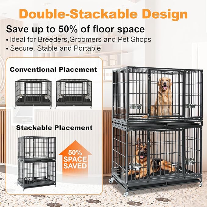 Homey Pet 48 Inch Heavy Duty Indestructible Dog Crate, Stackable Escape Proof Dog Cage Kennel Indoor with Two Trays, Metal Grids, Wheels, Bowls, Double Doors for High Anxiety Large Dogs(2 Tiers)