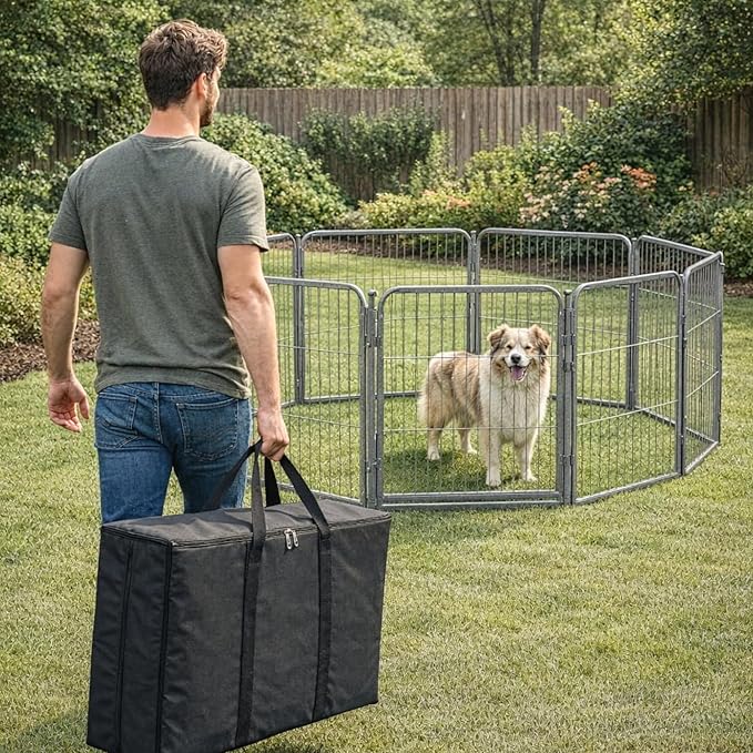Dog Playpen w/Carrying Case for Indoor or Outdoor Use – 32 Inch, 8 Grey Panels - Portable Metal Exercise Pen for Small & Medium Dogs - Pet Fence Kennel Crate for House, RV, or Travel