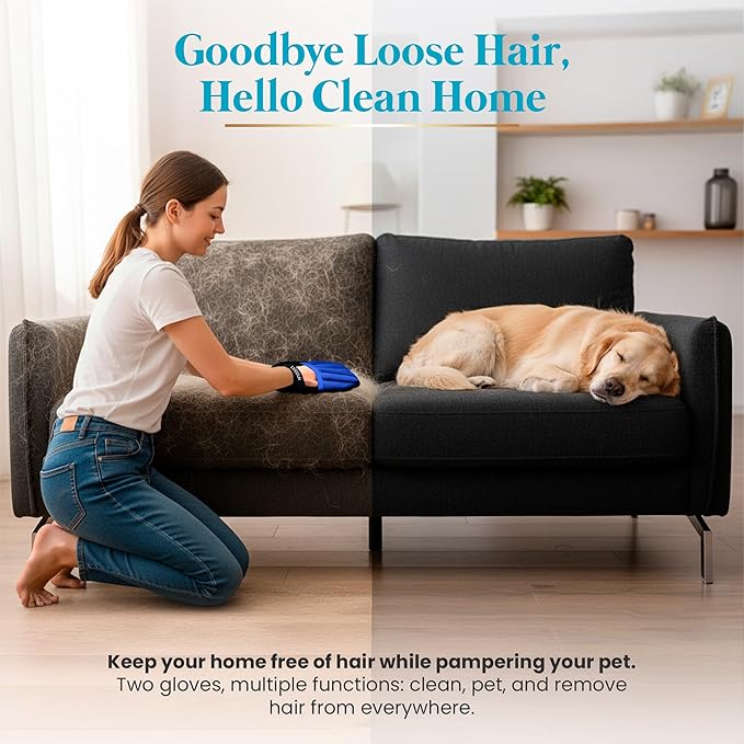 Cat Grooming Gloves for Shedding – Pet Hair Remover Set with Cleaning Mitt – 2 Grooming Gloves + 1 Reusable Pad for Cats, Dogs & Horses – Long & Short Hair Deshedding