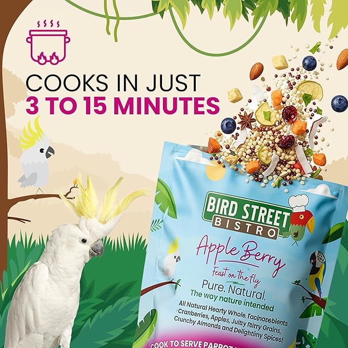 Bird Street Bistro Parrot Food - Parakeet & Cockatiel Food - Cooks in 3-15 min w/Natural Grains, Legumes, Non-GMO Fruits, Vegetables & Healthy Spices