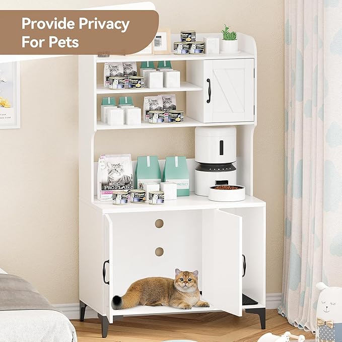 GarveeLife Cat Litter Box Enclosure with Shelves, Litter Box Cabinet, Hidden Cat Box Furniture with Scratching Mat, Wood Sturdy Cat Washroom Storage, Indoor Cat House, White