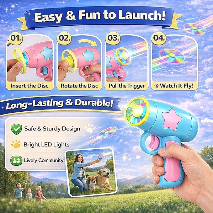 Bamboo Dragonfly Catapult Launcher, Flying Disk Launcher Toy,7 Piece Cat Fetch Toys,Interactive Flying Cat Toy for Pet Exercise & Night Play,with LED Glow (Pink)