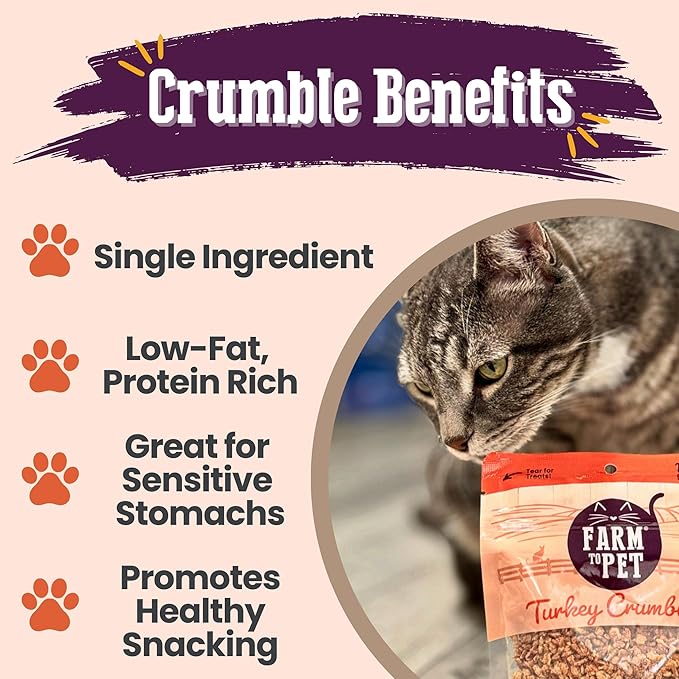 Farm To Pet - Cat Treat Crumbles - 3 oz Single Ingredient Turkey Cat Treats or Snacks - Healthy for Indoor Cats and Kitten- Essential Products (Mix with Wet or Dry Food)