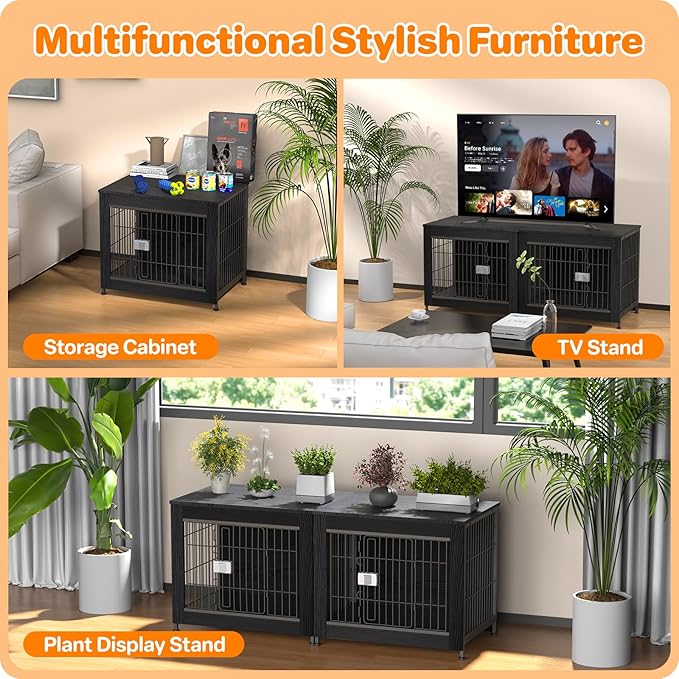 Escape Proof Decorative Dog Crate Furniture with Wooden Top, 27in Furniture Style End Table and Secure Indoor Kennel, Anti Anxiety for All Breeds, Black