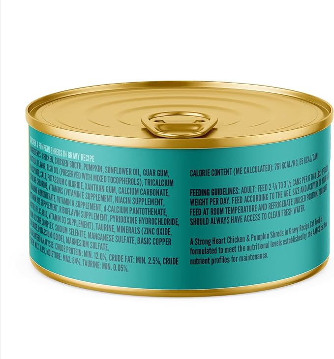A Strong Heart Wet Cat Food, Chicken & Pumpkin Shreds in Gravy, Made with Whole Muscle Chicken, Made in the USA, 3oz Can (Pack of 24)