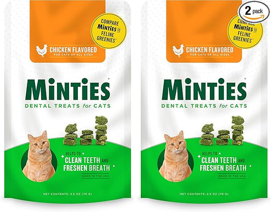 Minties Dental Treats for Cats, Chicken Flavored Treats for Cats, Freshens Breath and Controls Tartar, 2.5oz (Pack of 2)