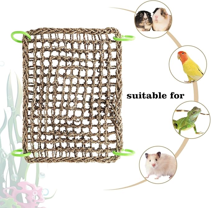 Birds Natural Seagrass Mat Hanging Woven Net Hammock Mat with Hooks Bird Cage Accessories Climbing Rope Ladder Chew Toys for Cockatiel Hamster Guinea Pig Rats Hamster Parakeet (16''x12'')